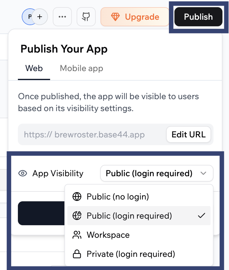 Choose app visibility in Base44