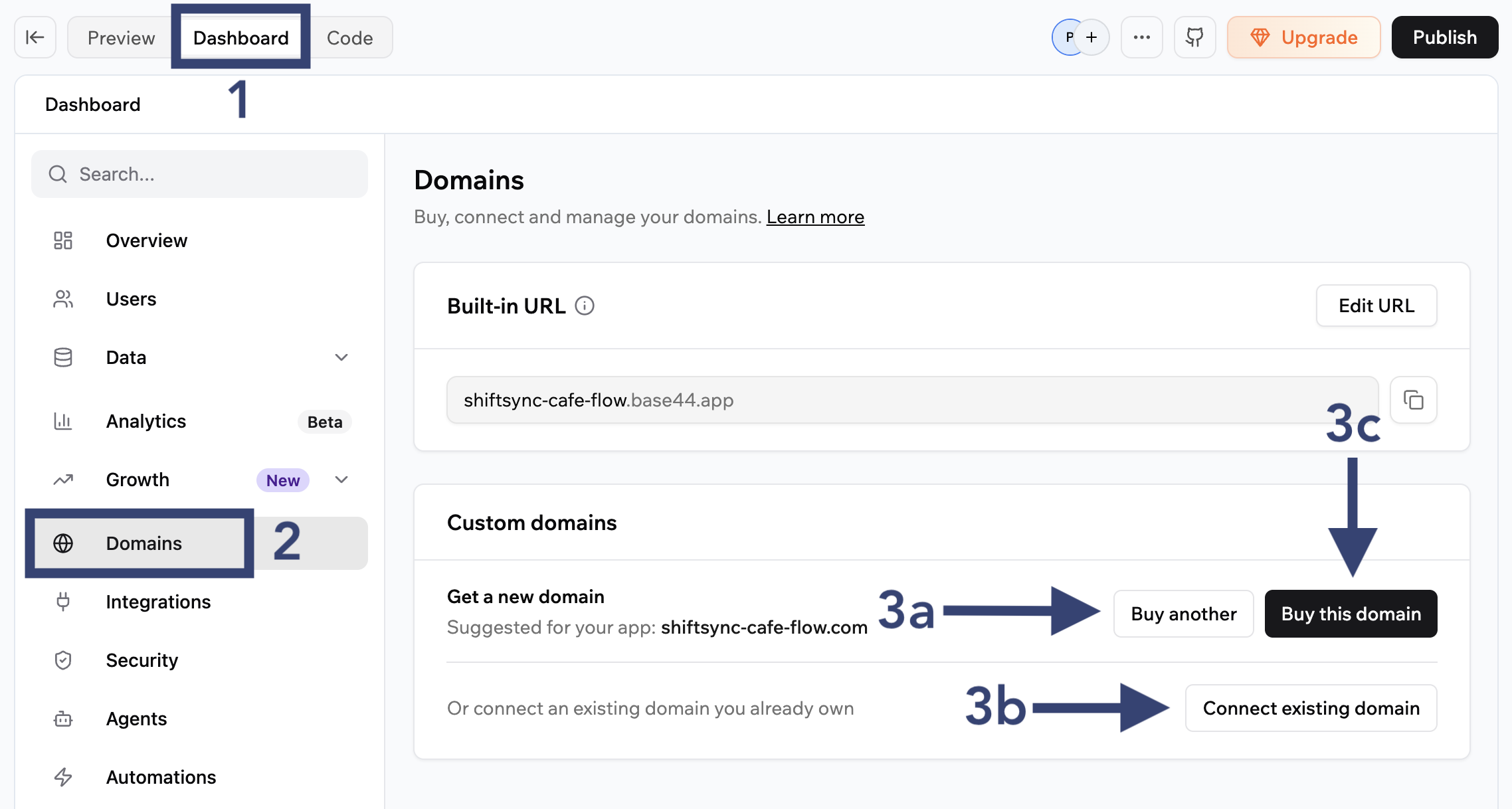 Connect custom domain in Base44 app builder