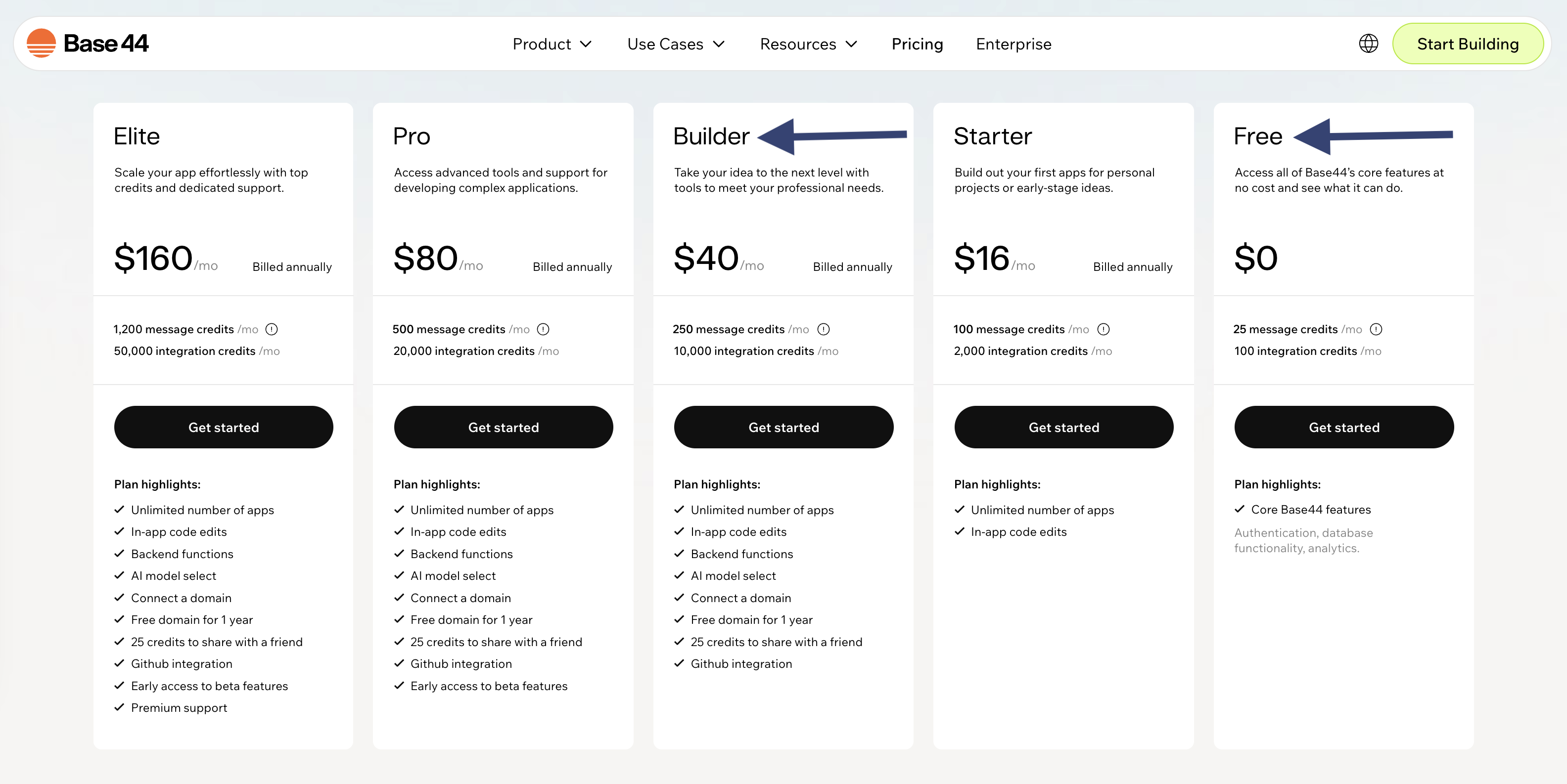 Example of Base44 pricing and plans