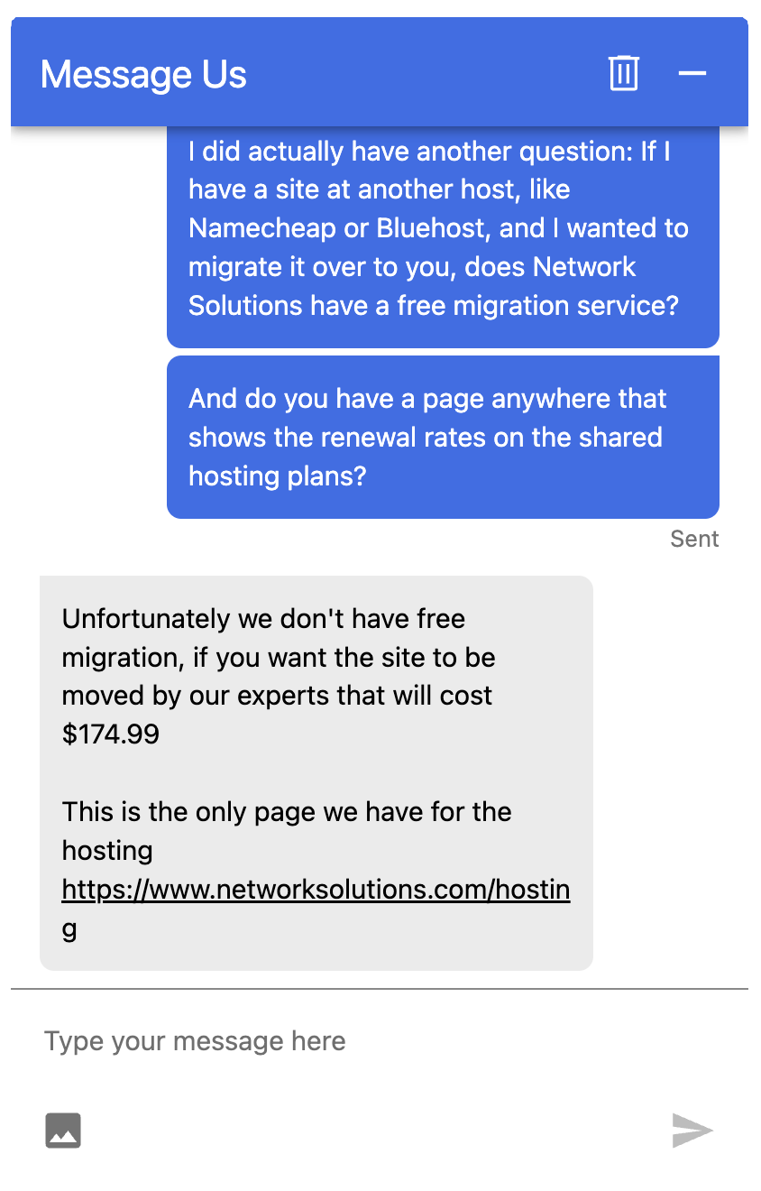 Network Solution customer support confirms cost of migration assistance