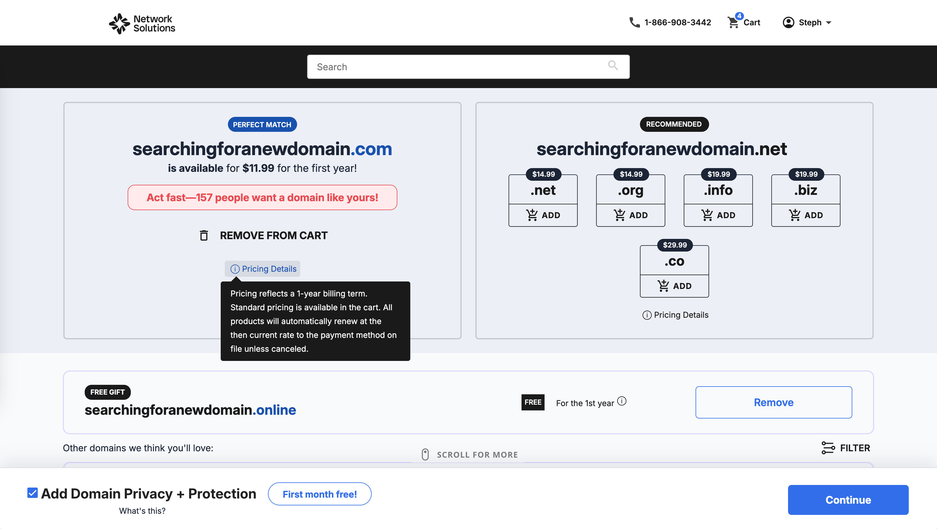 Network Solutions domain search dashboard