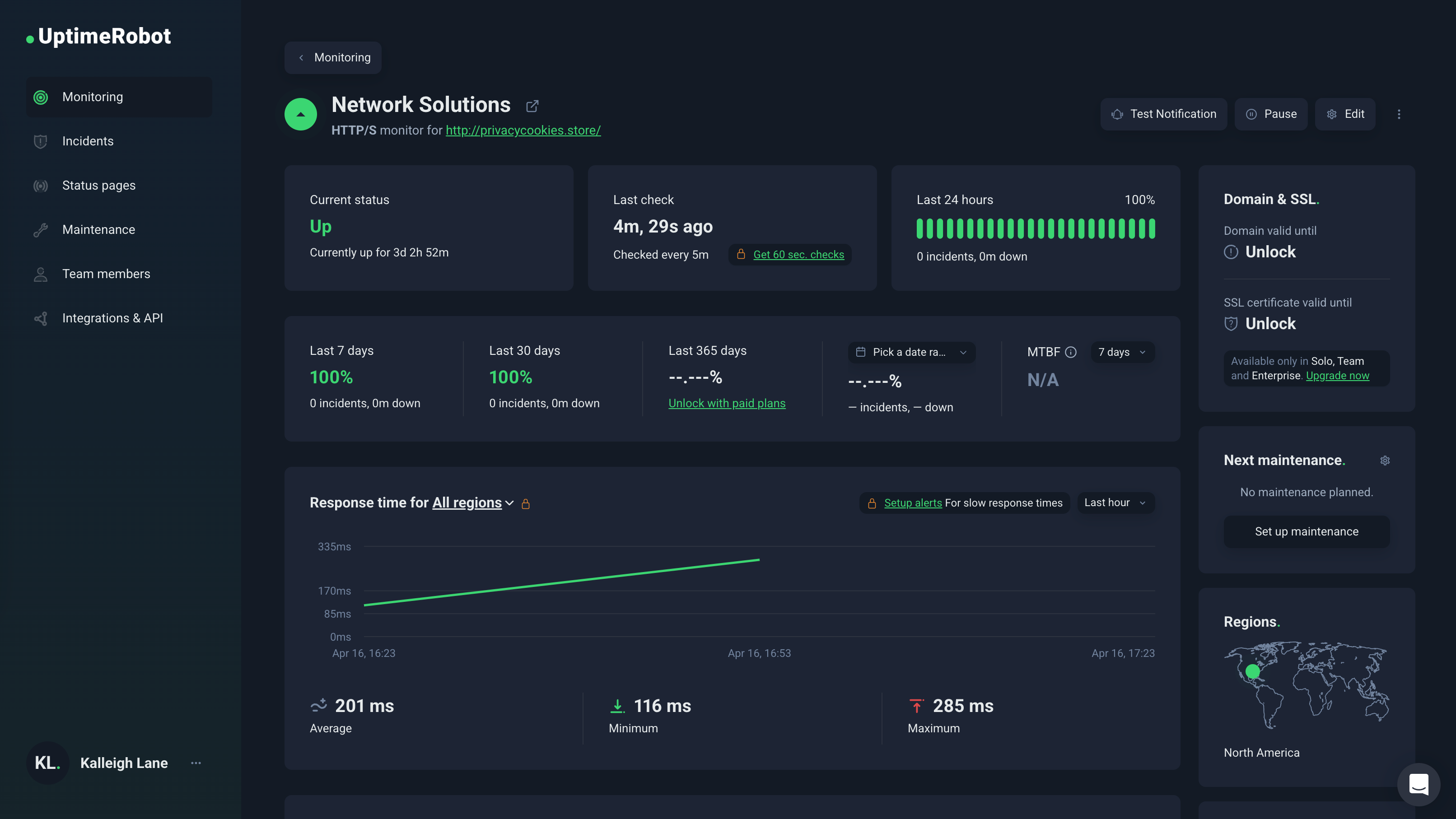 Network Solutions Uptime Robot test results