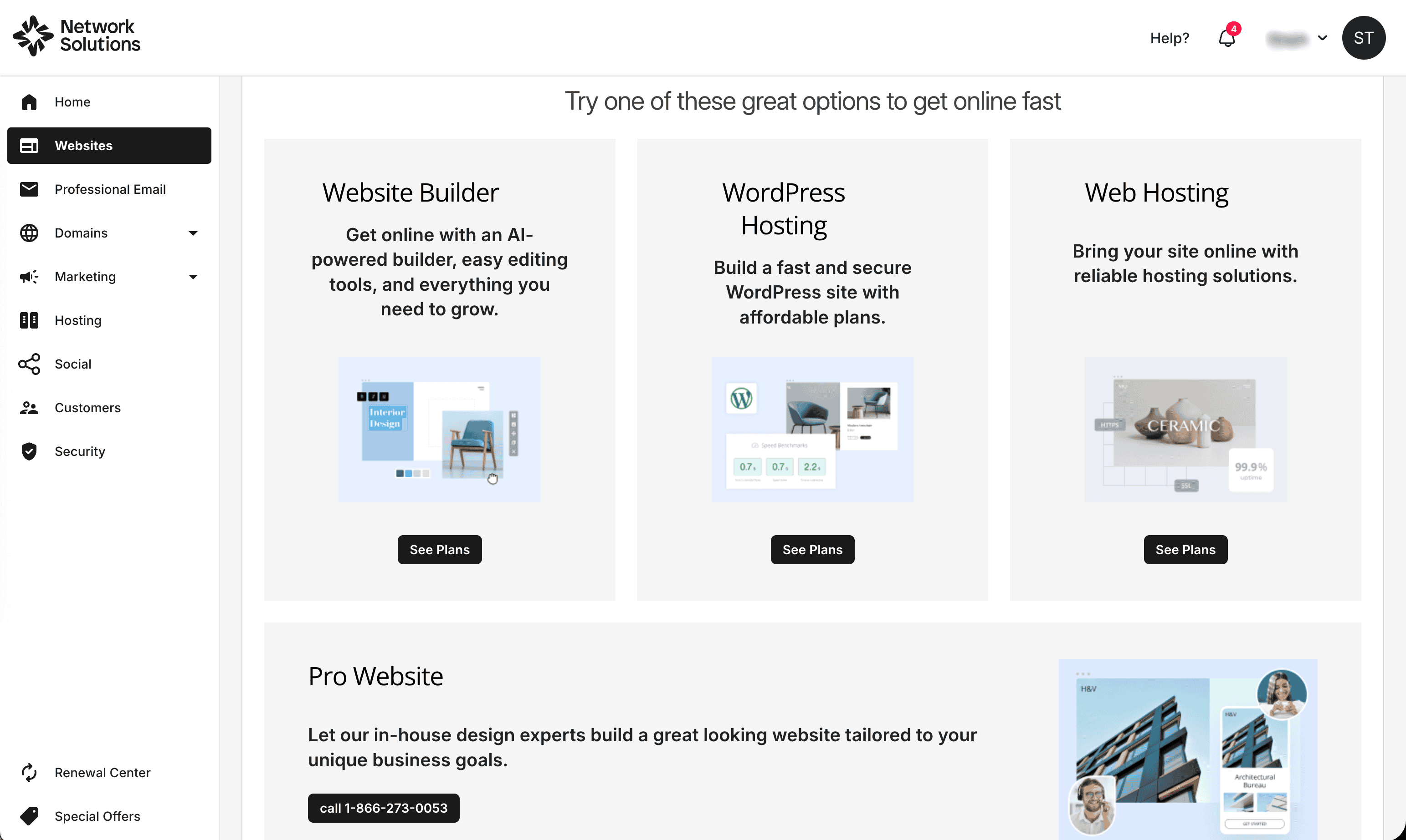Network Solutions services menu