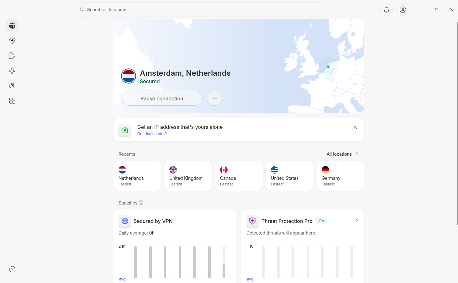 NordVPN dashboard connected to a server in the Netherlands.