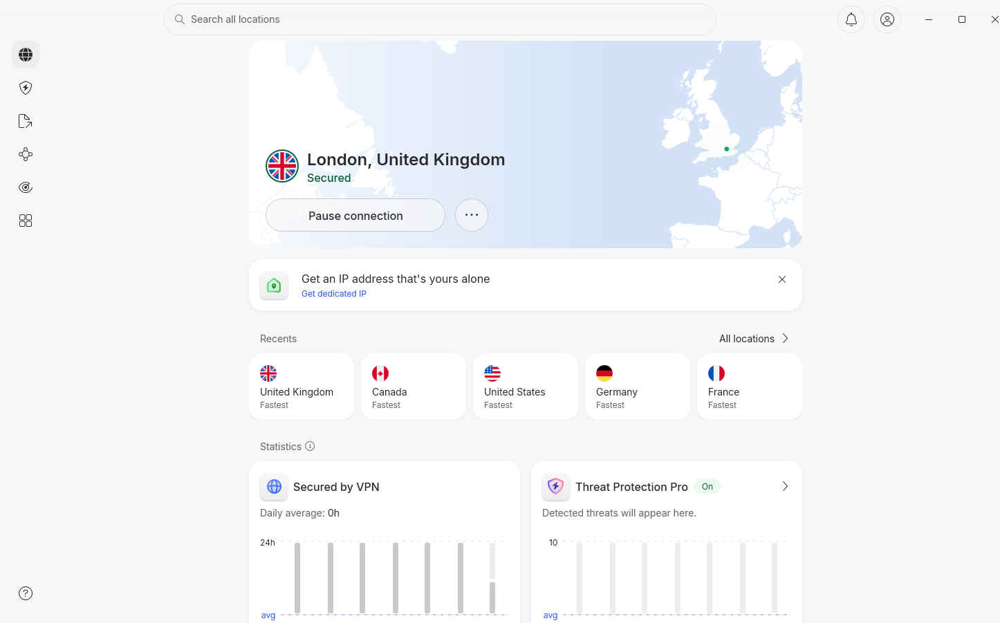 Dashboard of NordVPN connected to a London, UK server.