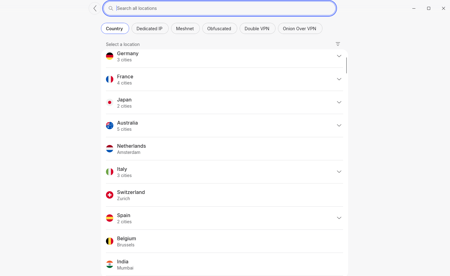 NordVPN server list showing countries and different filters to choose from.