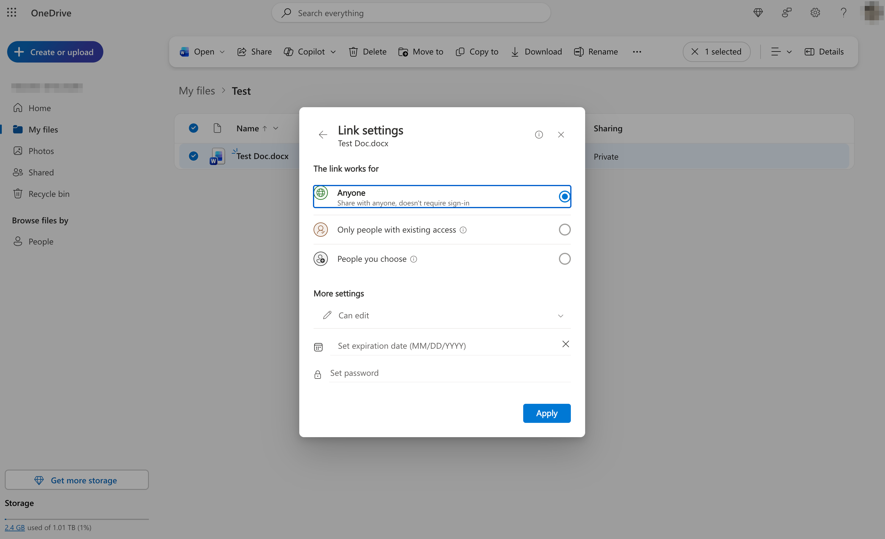Share OneDrive files via link