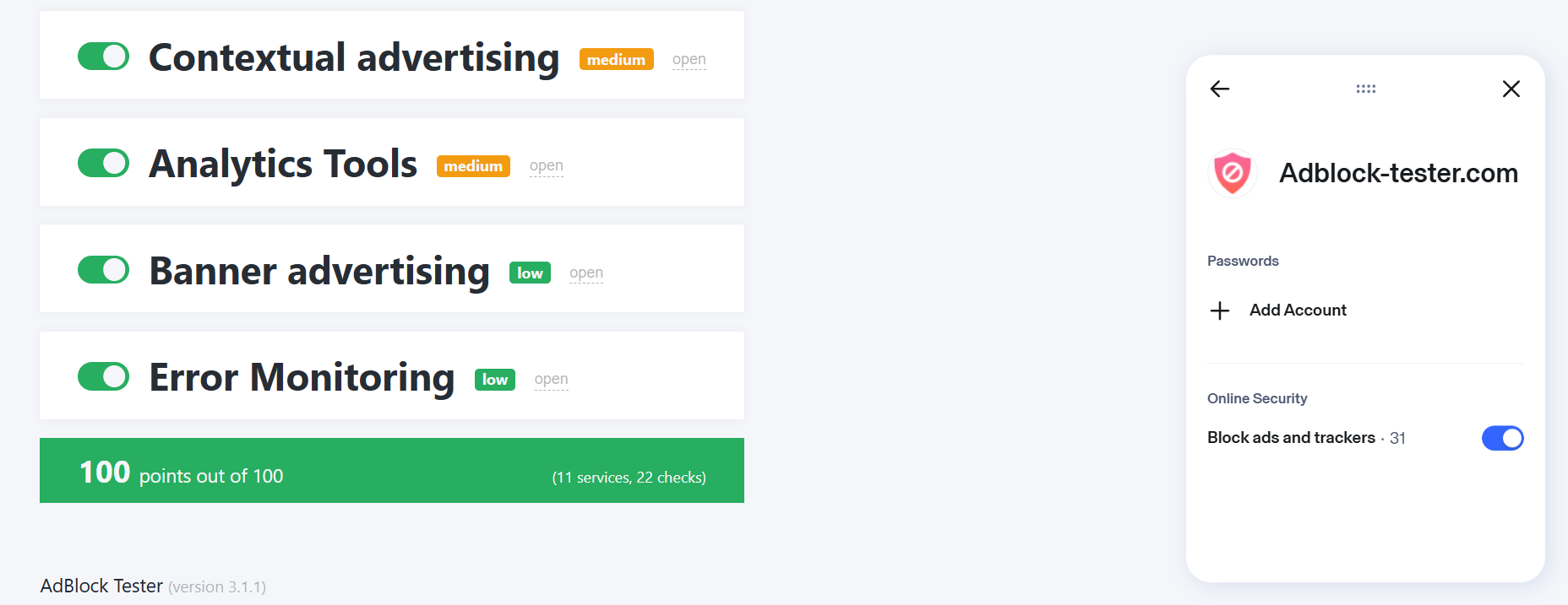 Aura Ad Blocker's AdBlock Tester score (100/100)