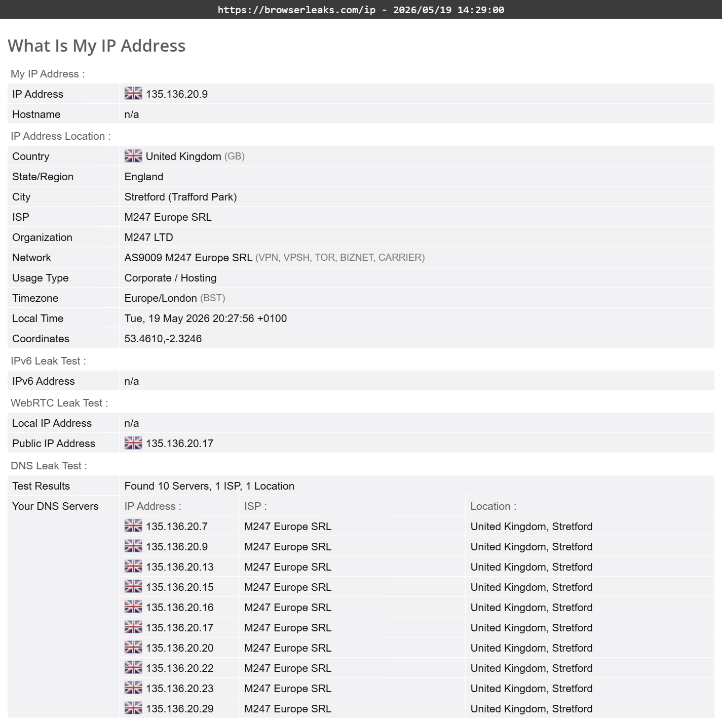 ExpressVPN's DNS leak test results (pass)