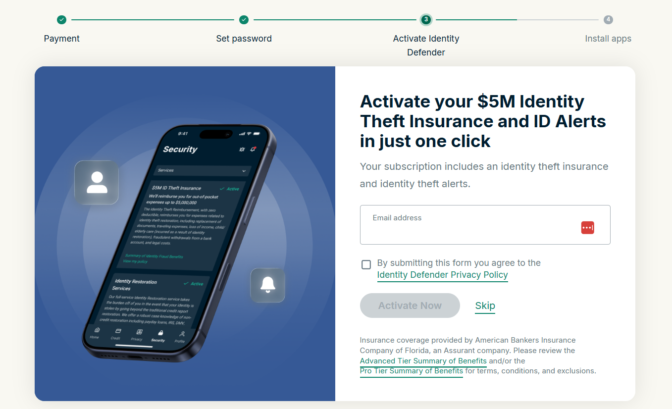 ExpressVPN setup page prompting us to activate our identity theft insurance and ID alerts