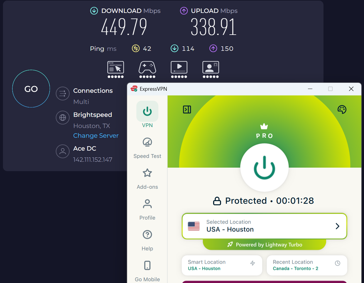 Speed test results for ExpressVPN while connected to a server in Houston, TX (449.79 download, 338.91 upload, 42 ping)