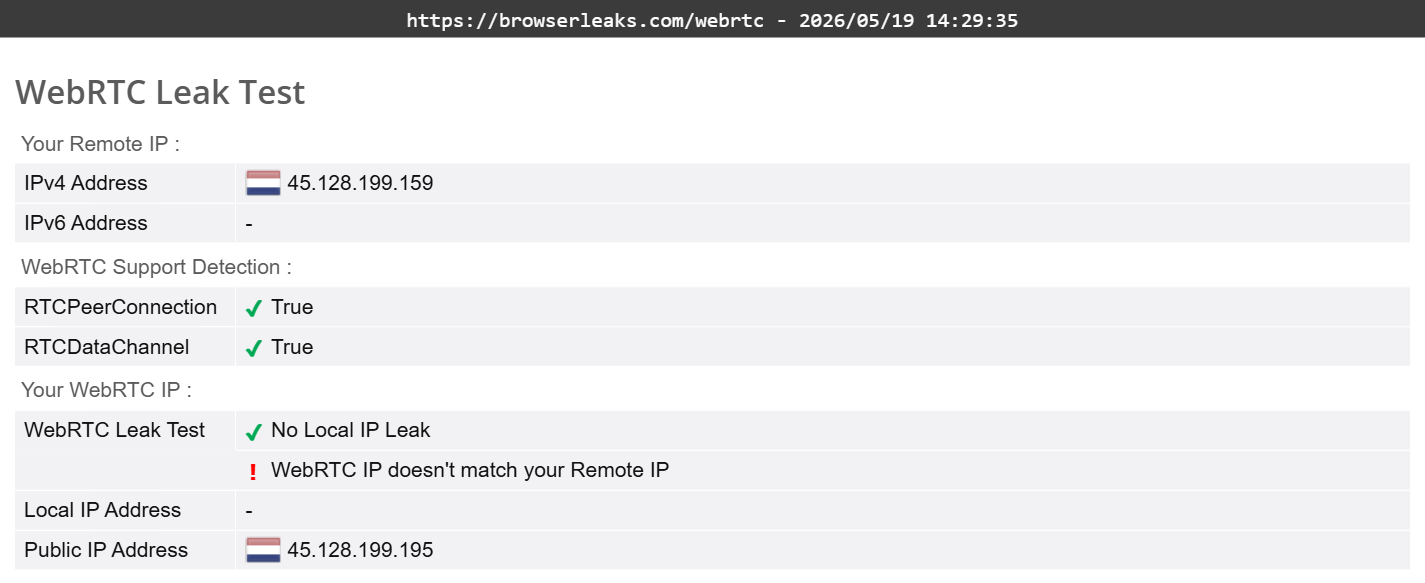 ExpressVPN's WebRTC leak test (partial pass)