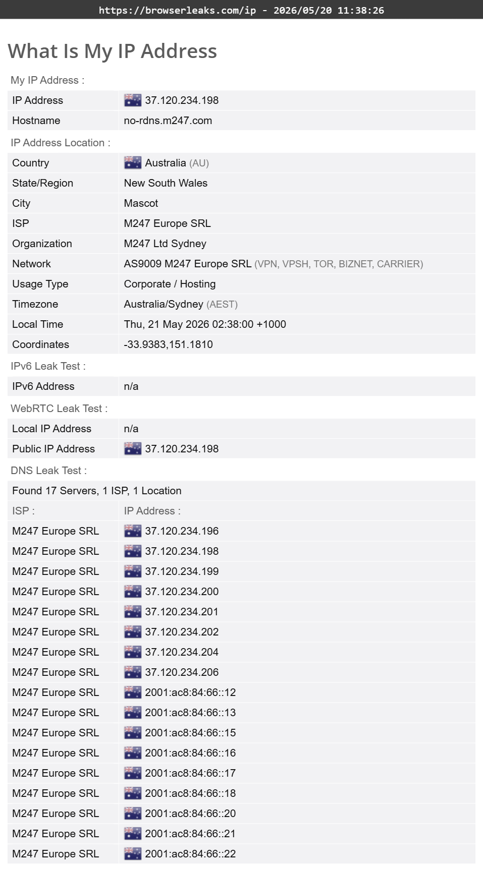Proton VPN's DNS leak test results (pass)