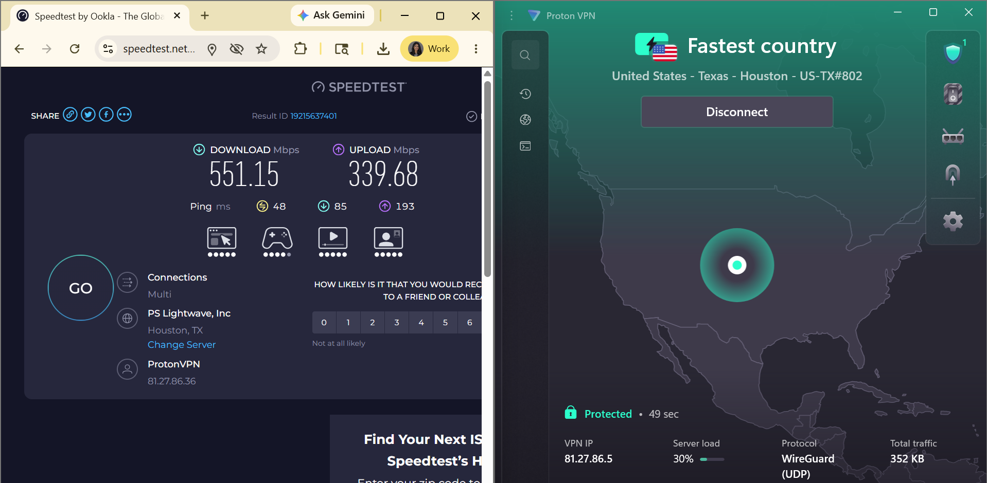 Speed test results for Proton VPN connected to a Houston server (551.15 download, 339.68 upload, 48 ping).