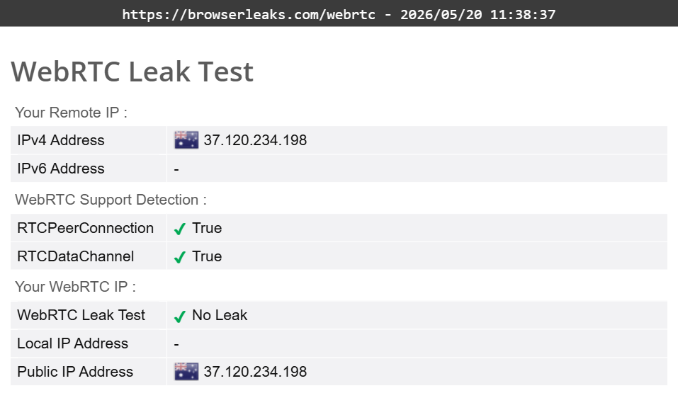 Proton VPN's WebRTC leak test results (pass)