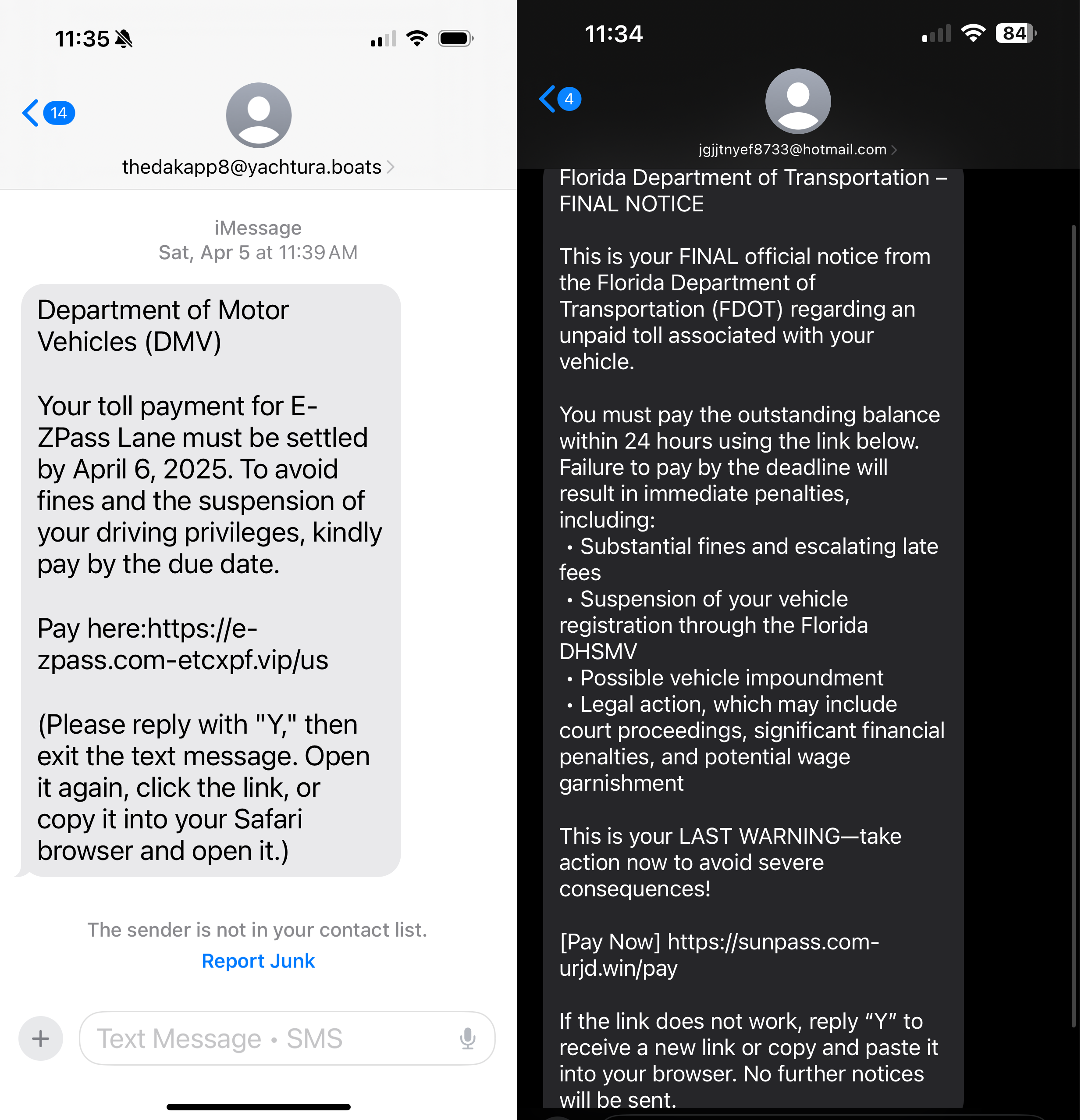 Real toll scam texts 