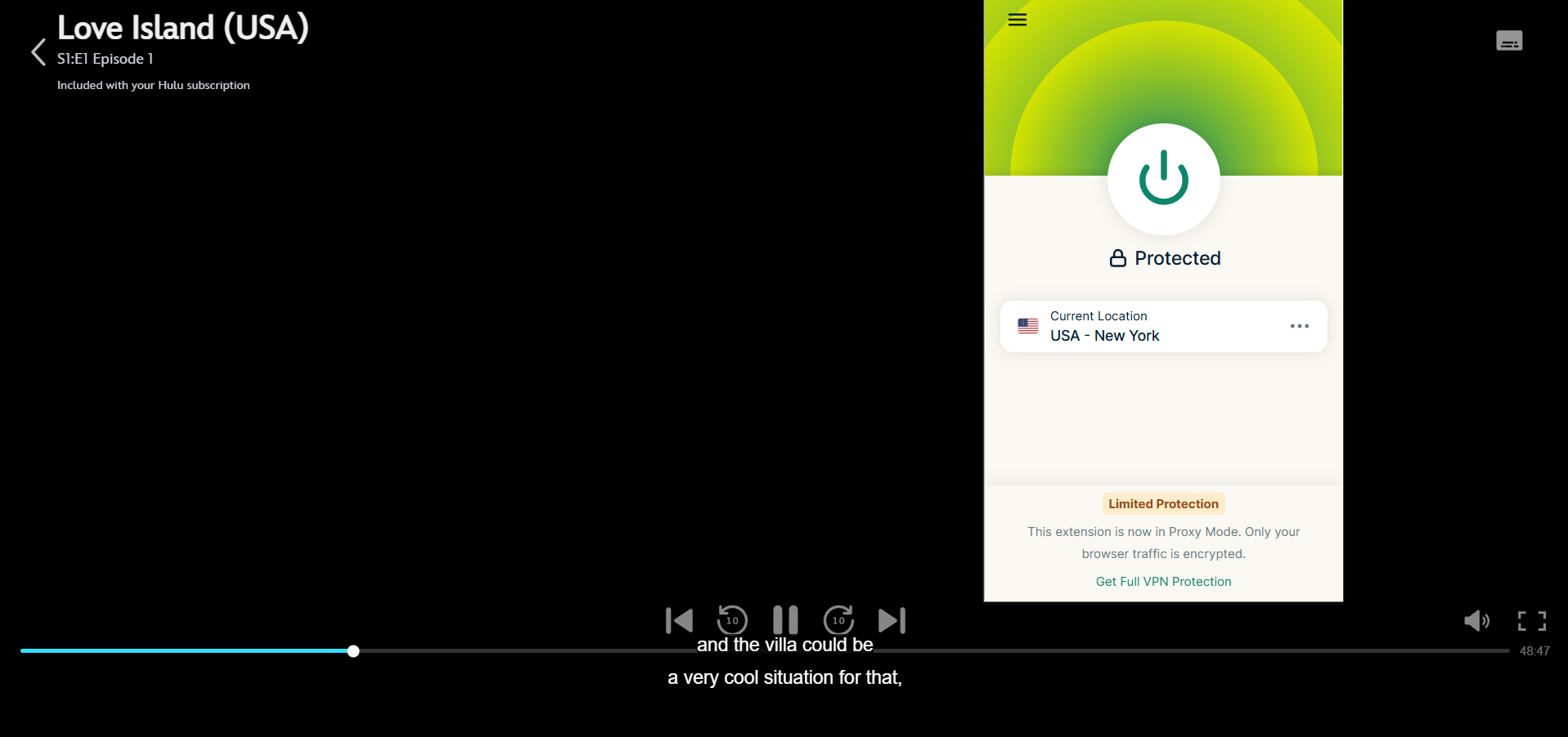 Disney Plus stream with ExpressVPN extension open and connected in the foreground