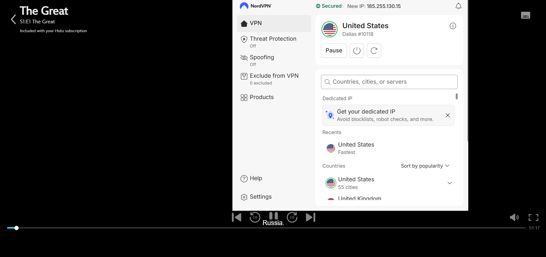 Disney Plus stream with NordVPN extension open and connected in the foreground