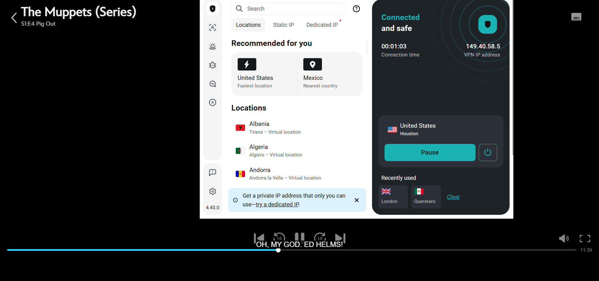 Disney Plus stream with Surfshark extension open and connected in the foreground