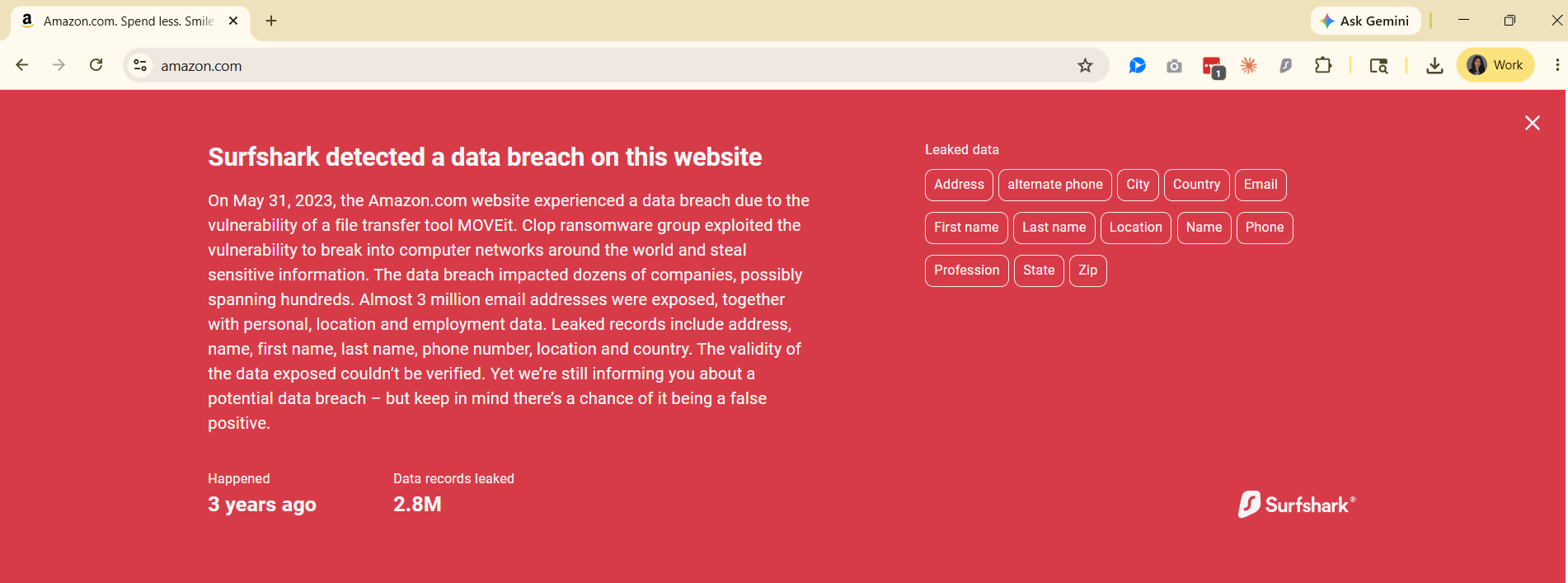 Surfshark CleanWeb pop-up flagging an Amazon data breacha nd describing what happened, when it happened, data records leaked, and leaked data in the breach