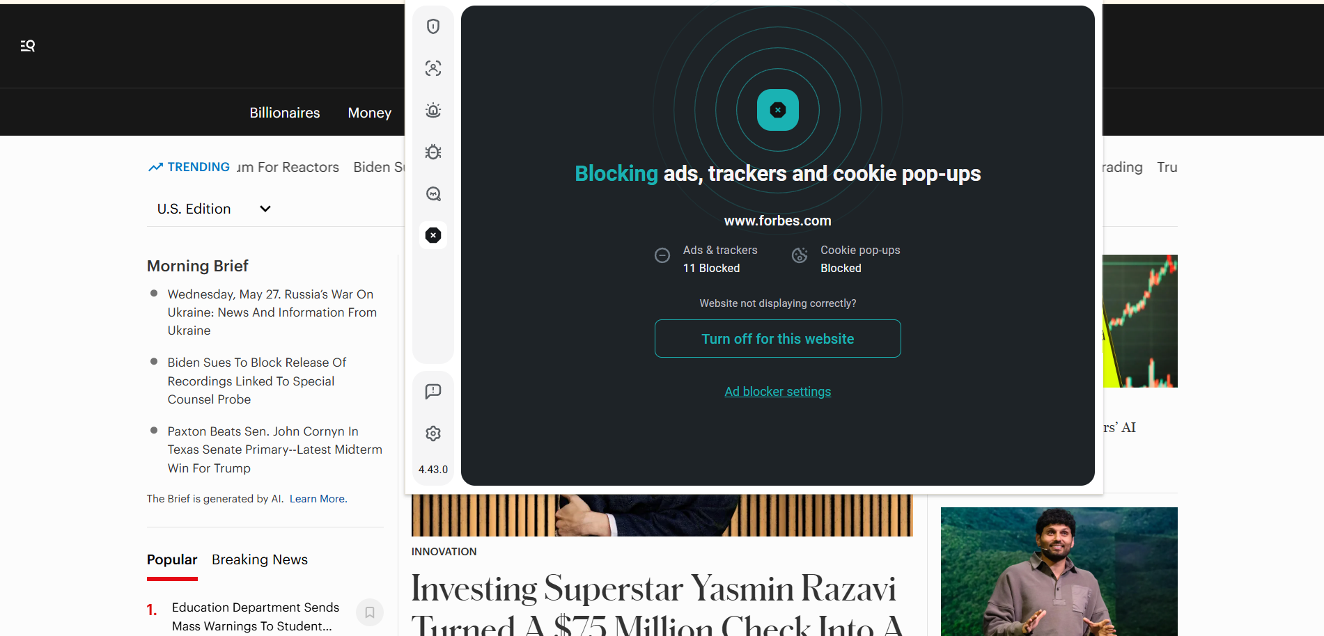 Forbes homepage with Surfshark extension open in the foreground