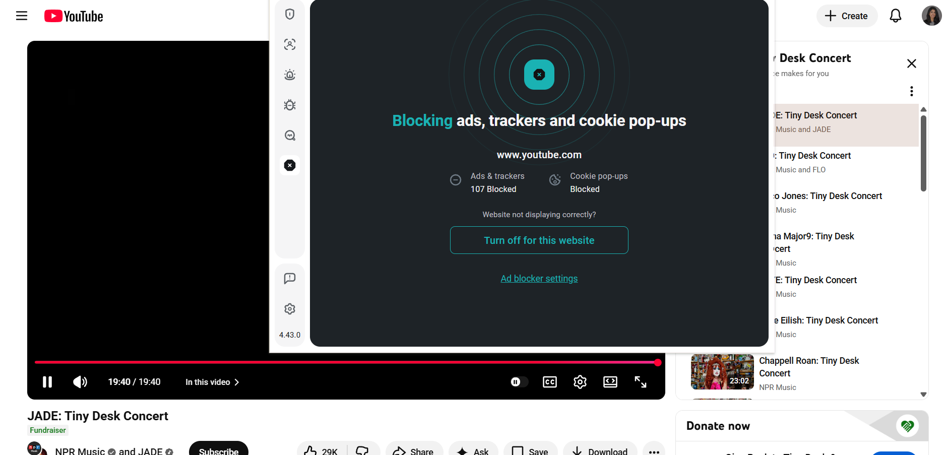 End of a YouTube video with Surfshark extension open in the foreground