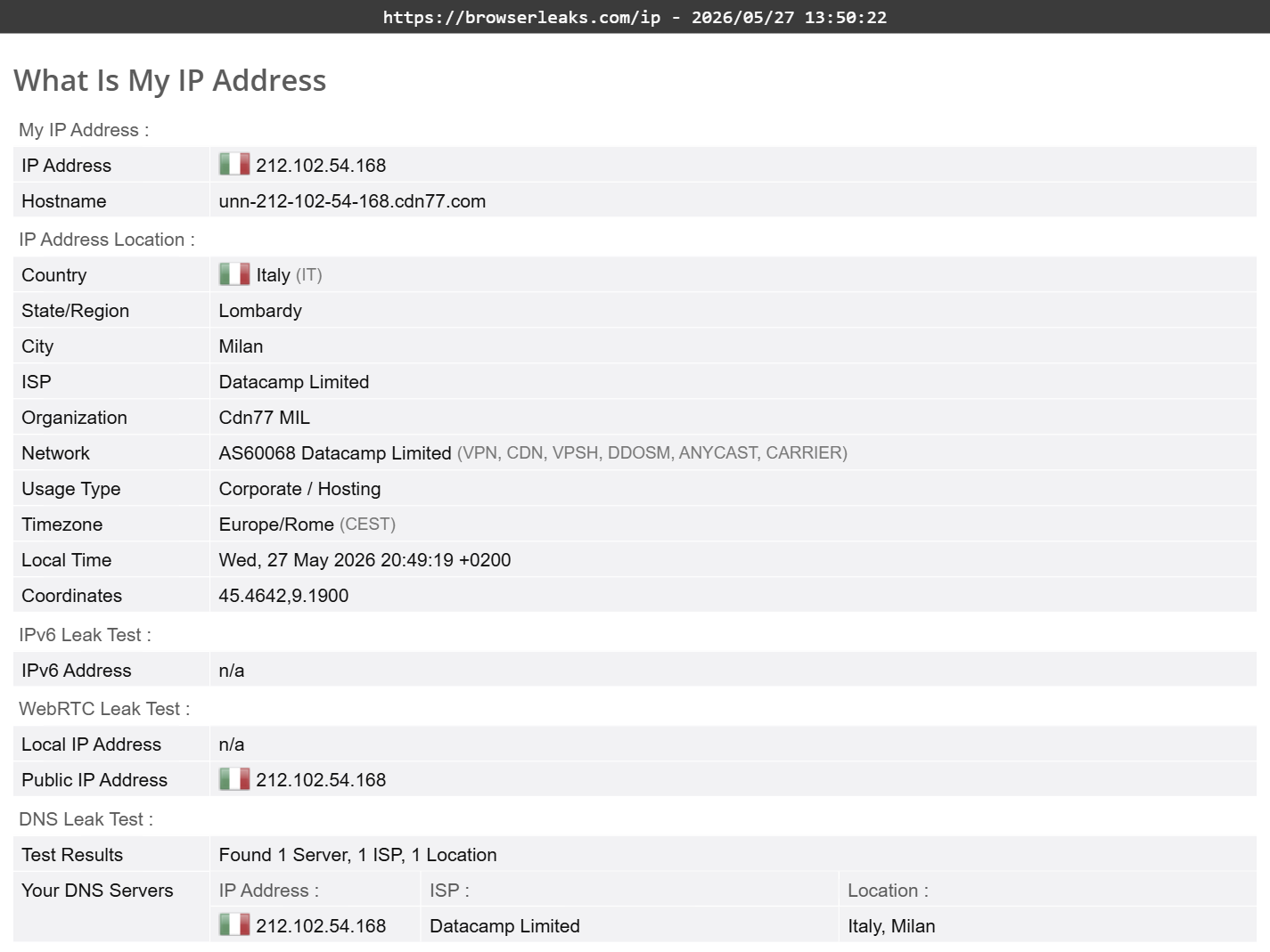 Surfshark's DNS leak test results (pass)