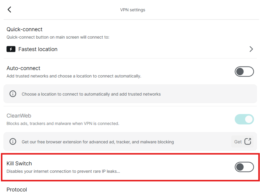 Surfshark VPN settings with a red outline highlighting the Kill Switch toggle