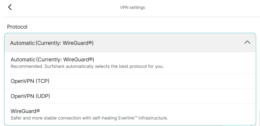 Surfshark VPN settings with open list of available protocol