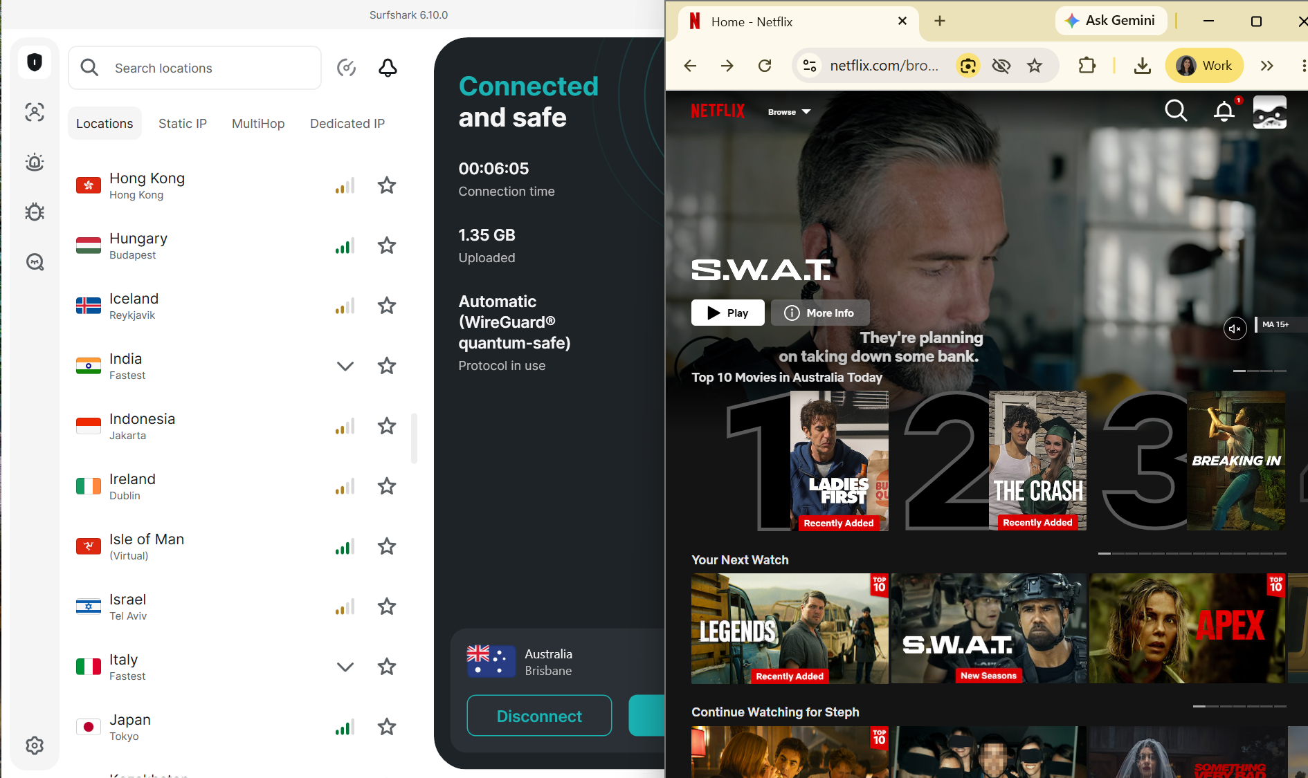 Netflix list of top movies in Australia today side-by-side with Surfshark desktop app