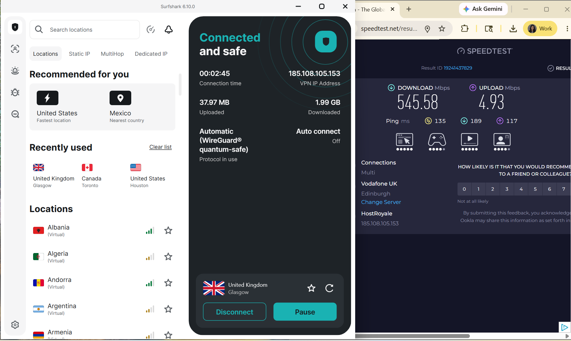 Speed test results for Surfshark wh ile connected to a server in Glasgow (545.58 download, 4.93 upload, 135 ping)