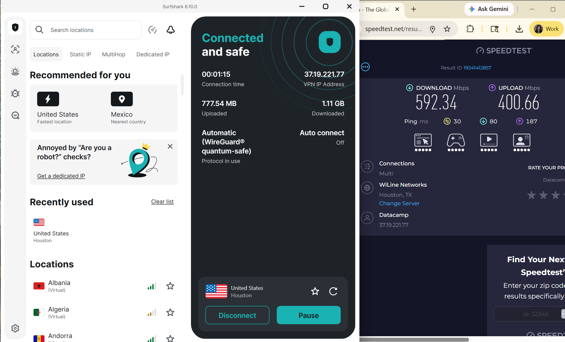 Speed test results for Surfshark wh ile connected to a server in Houston (592.34 download, 400.66 upload, 30 ping)