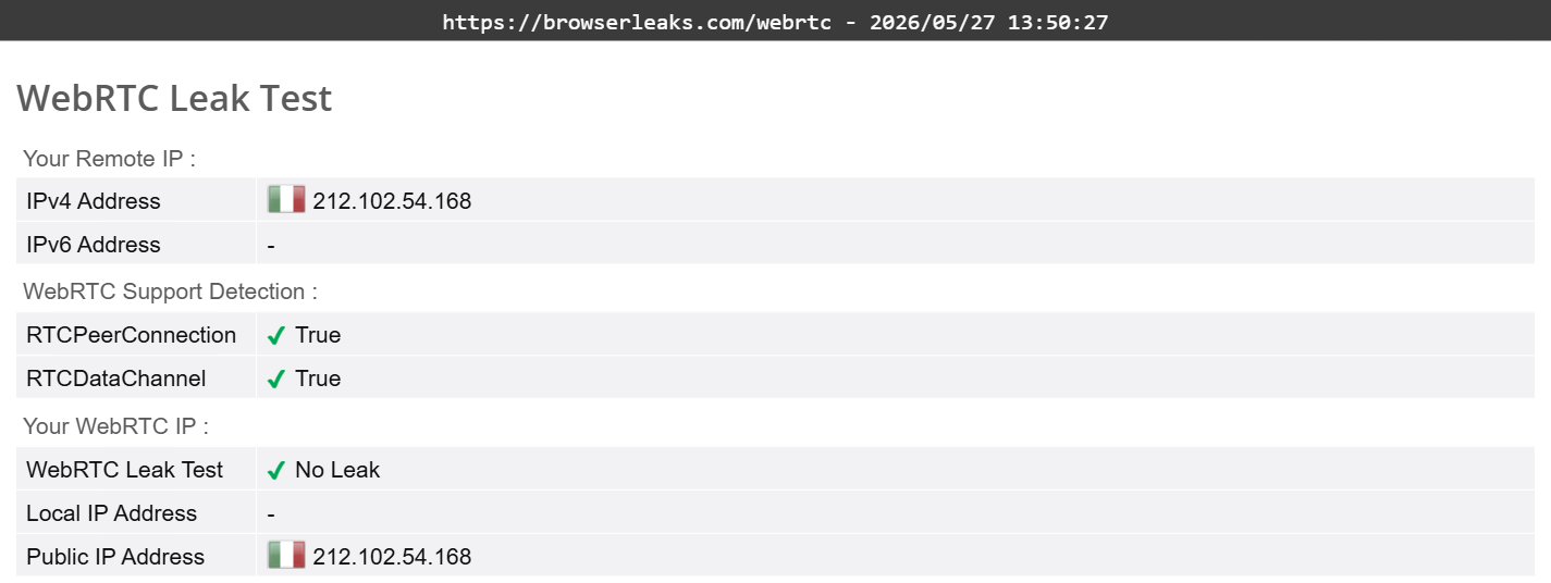 Surfshark's WebRTC leak test results (pass)