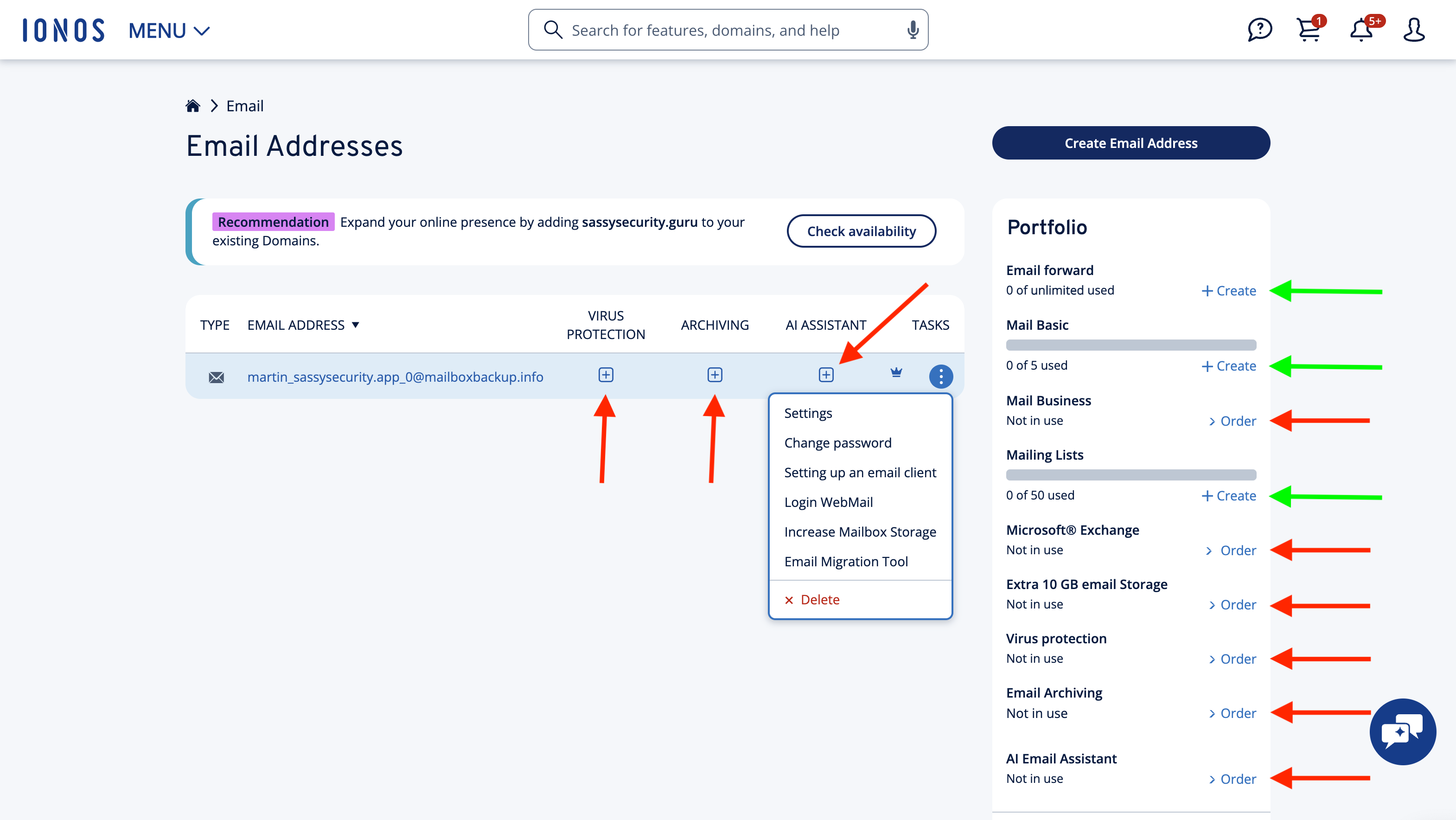 IONOS email management screen with arrows highlighting all the upsells on the page