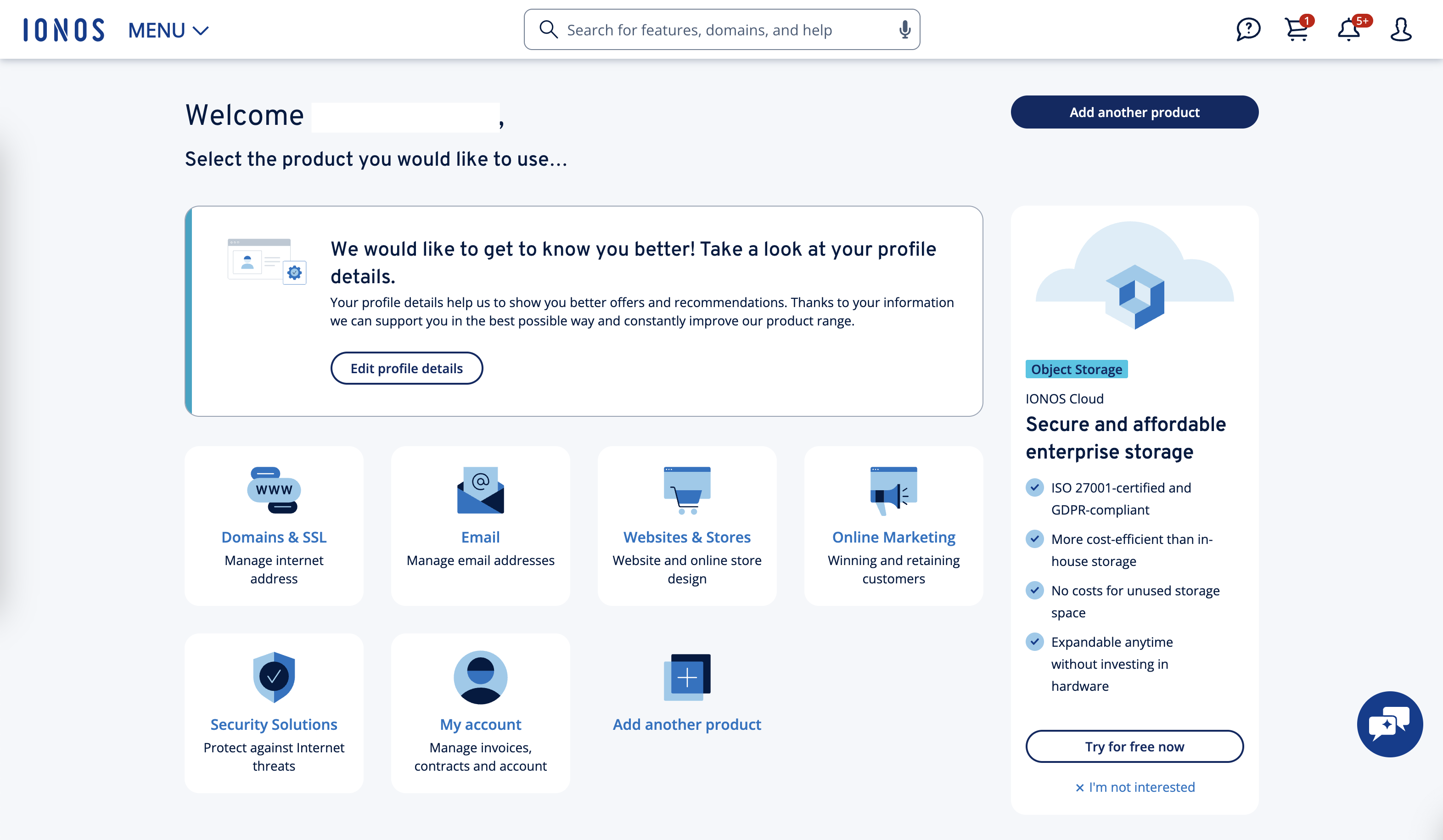 IONOS dashboard