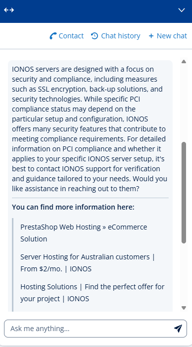Conversation with IONOS AI chatbot re: PCI compliance