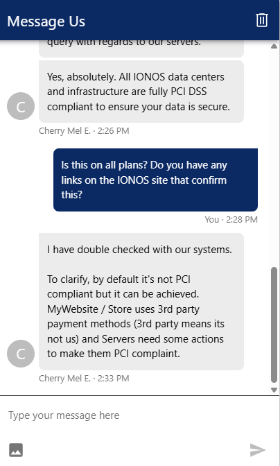 Live chat conversation with IONOS support agent re: PCI compliance