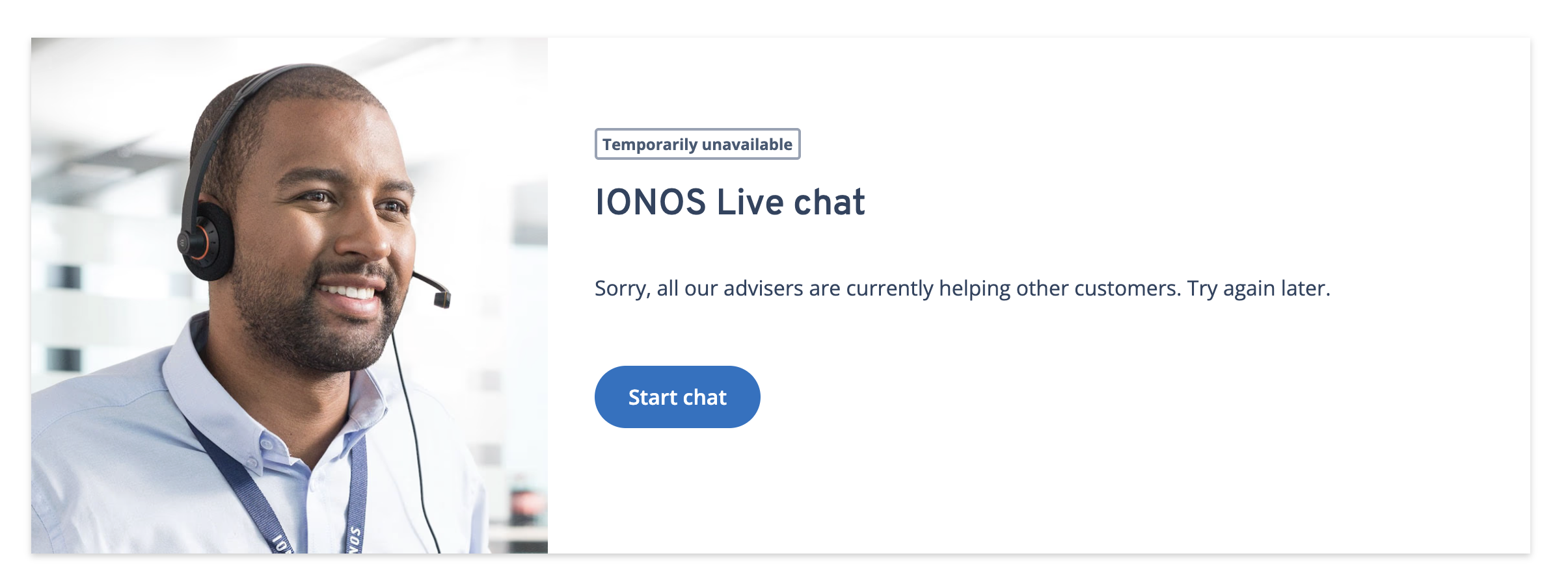 IONOS live chat page indicating its temporarily unavailable because all advisers are currently helping other customers