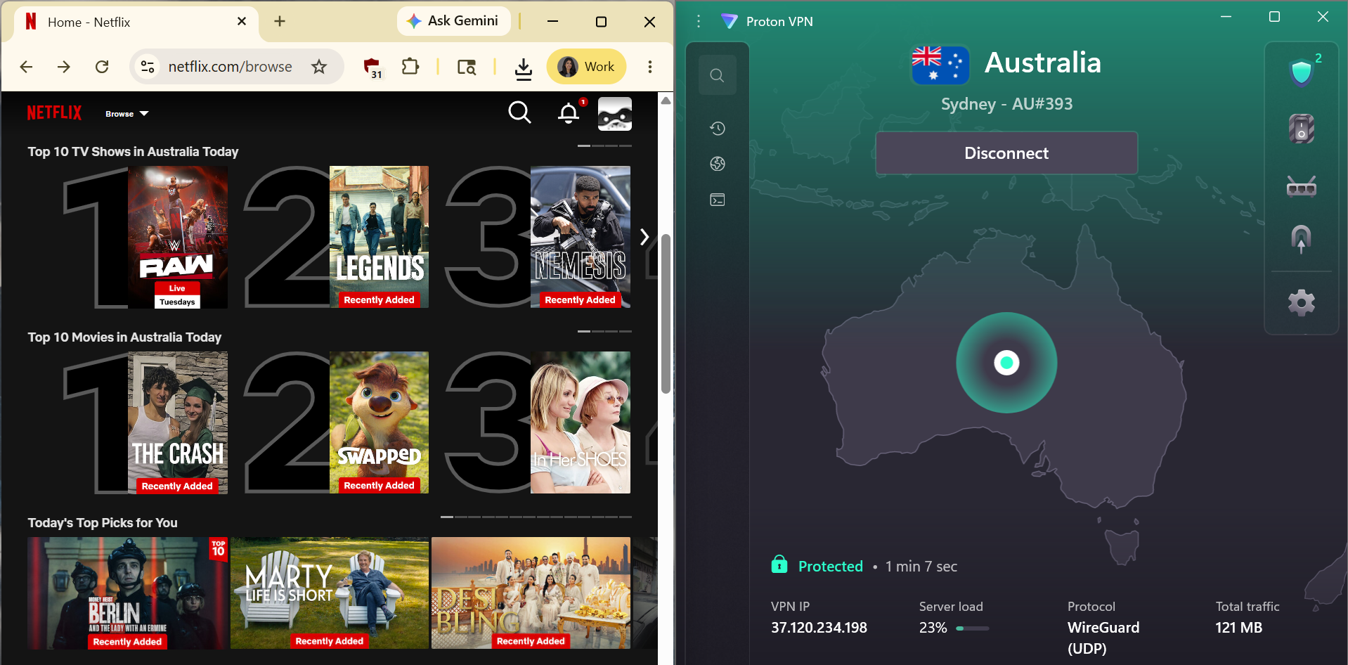 Netflix list of top shows and movies in Australia today with Proton VPN in the foreground