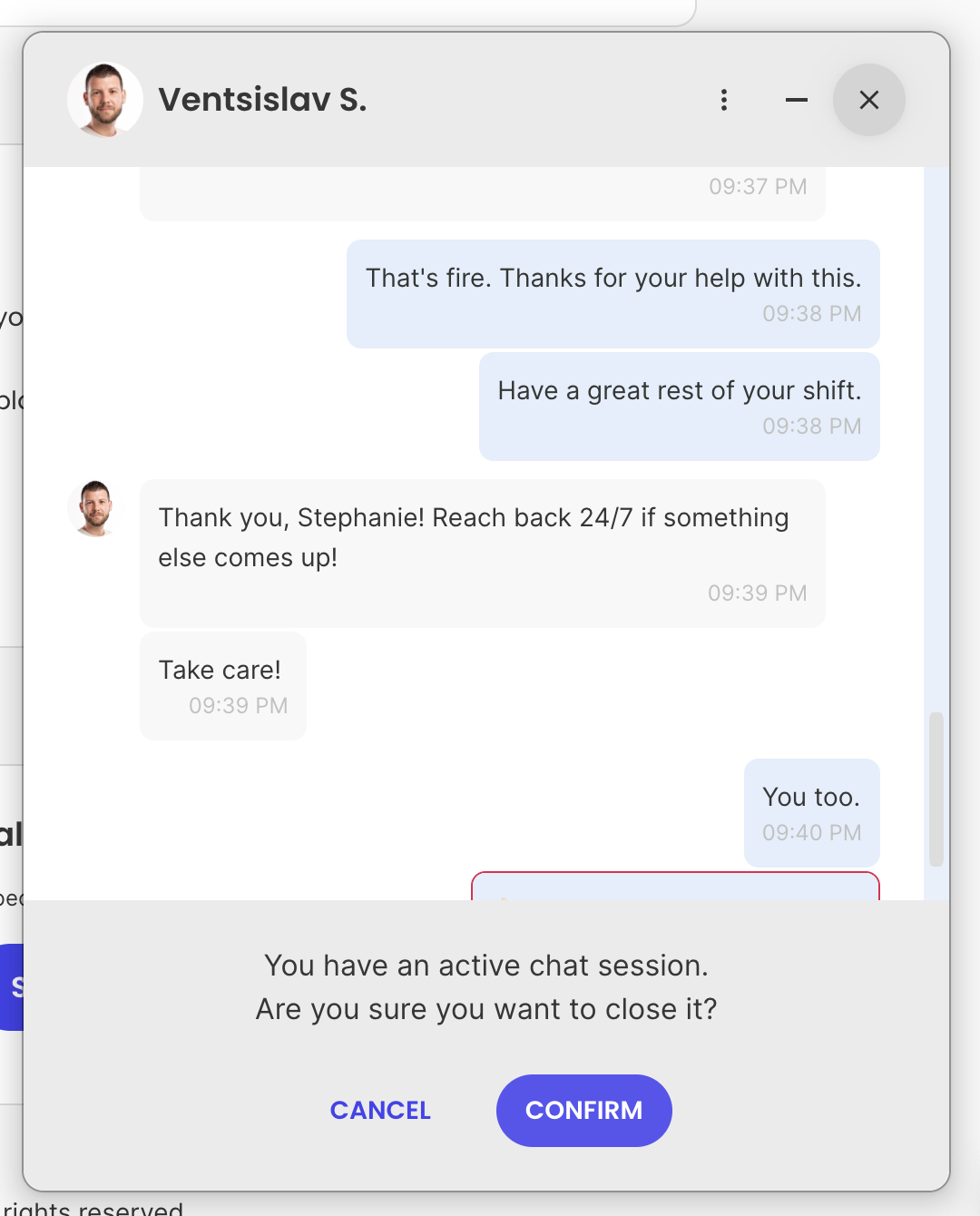 Live chat conversation with SiteGround support.