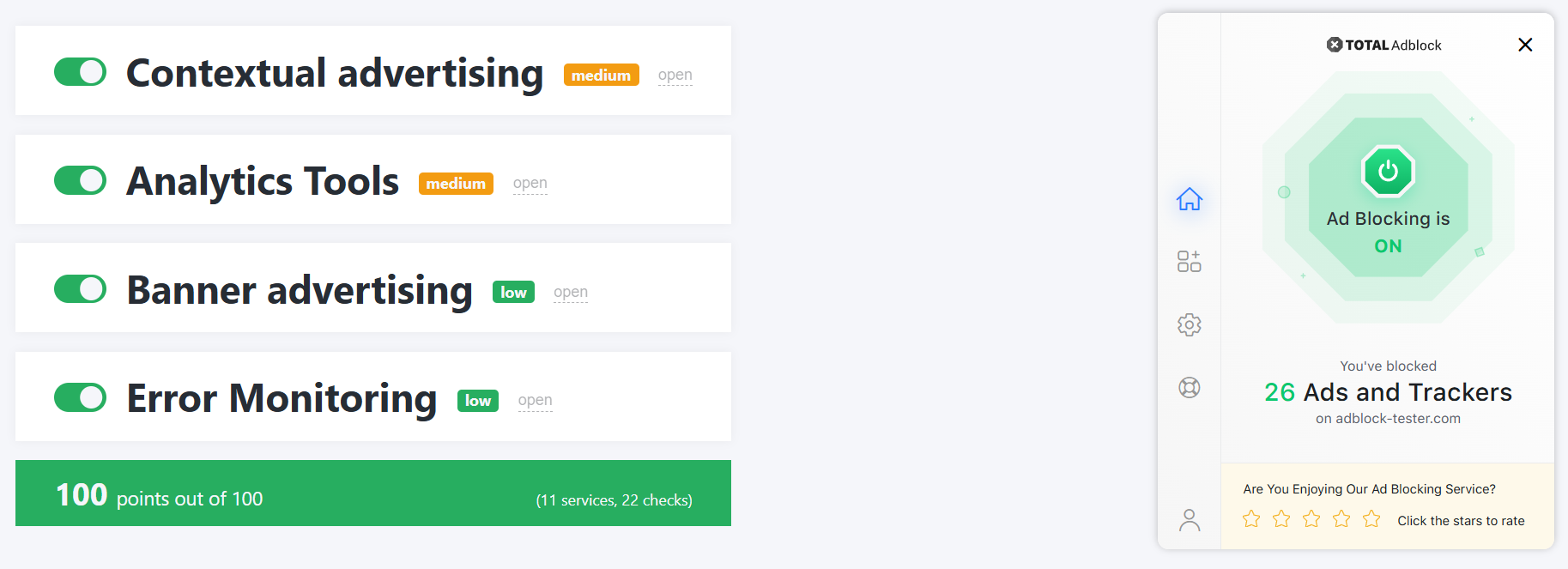 Total Adblock's AdBlock Tester results (100/100). 
