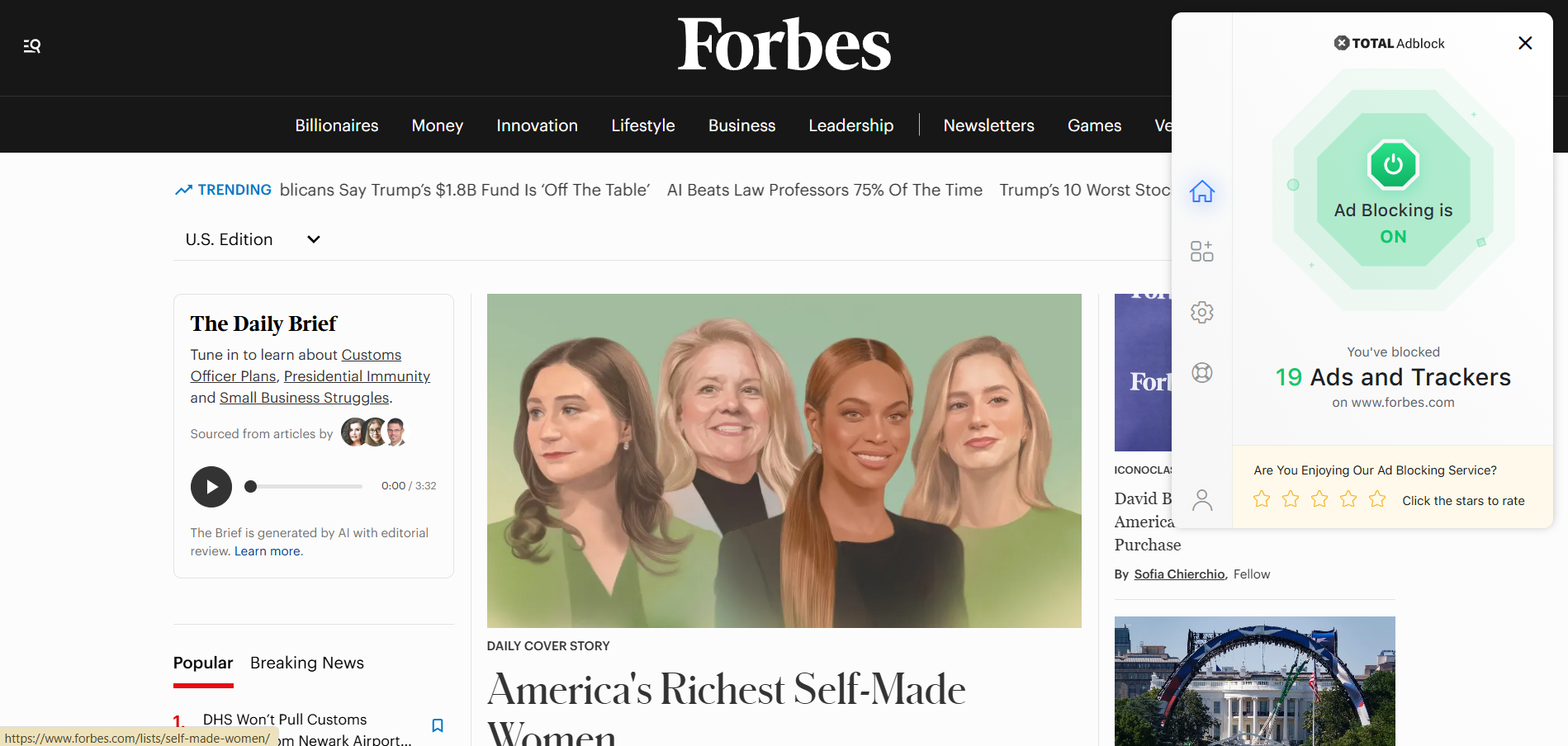 Forbes homepage with Total Adblock extension
