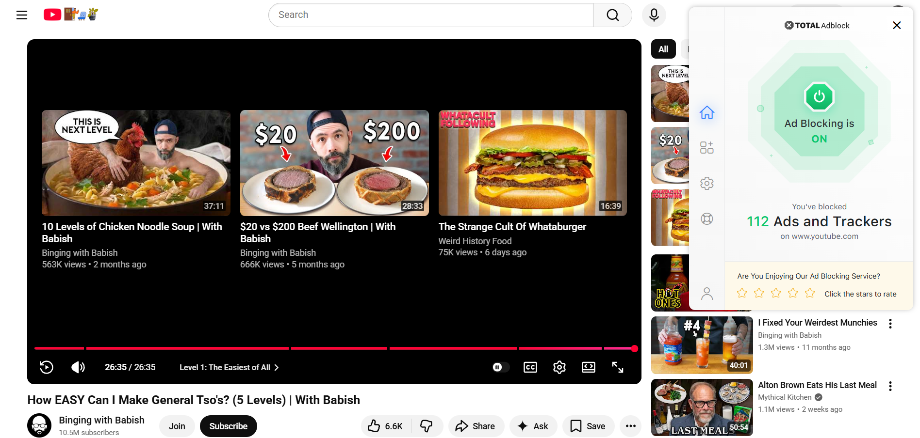End of a YouTube video with Total Adblock extension open in the foreground