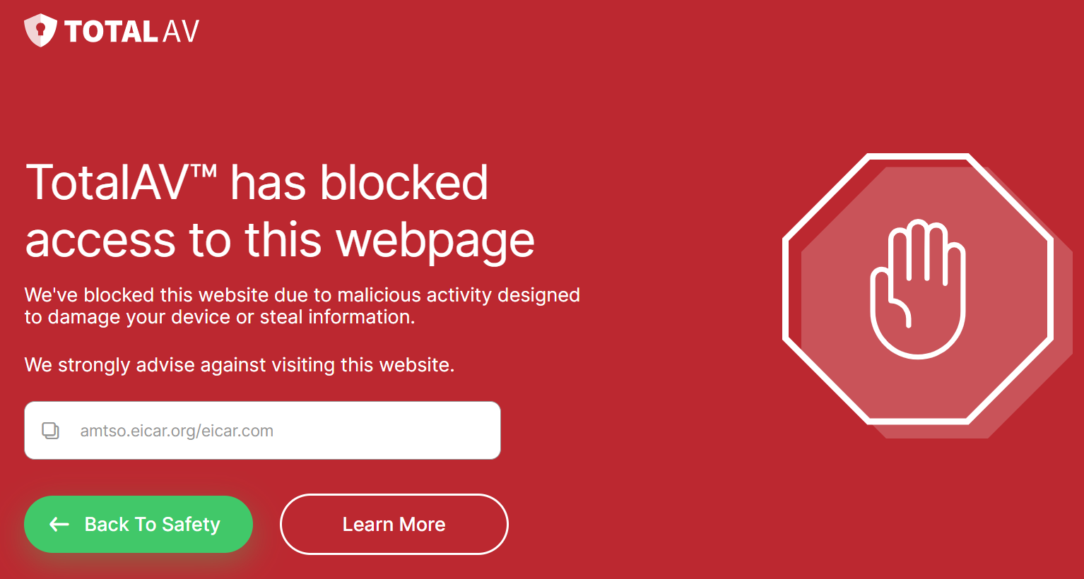 TotalAV blocked page warning due to malicious activity