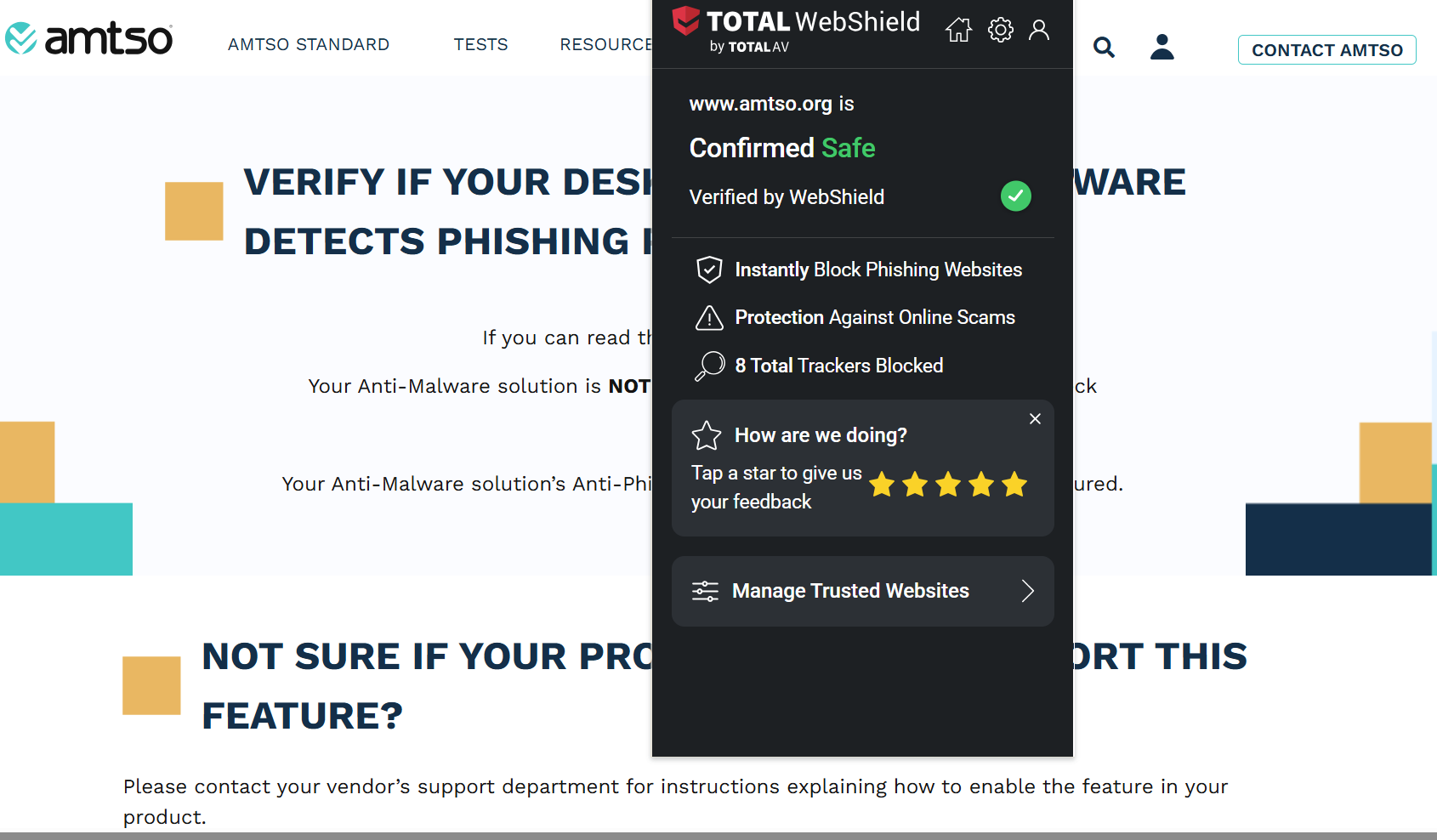 EICAR phishing test site with Total WebShield open in the foreground