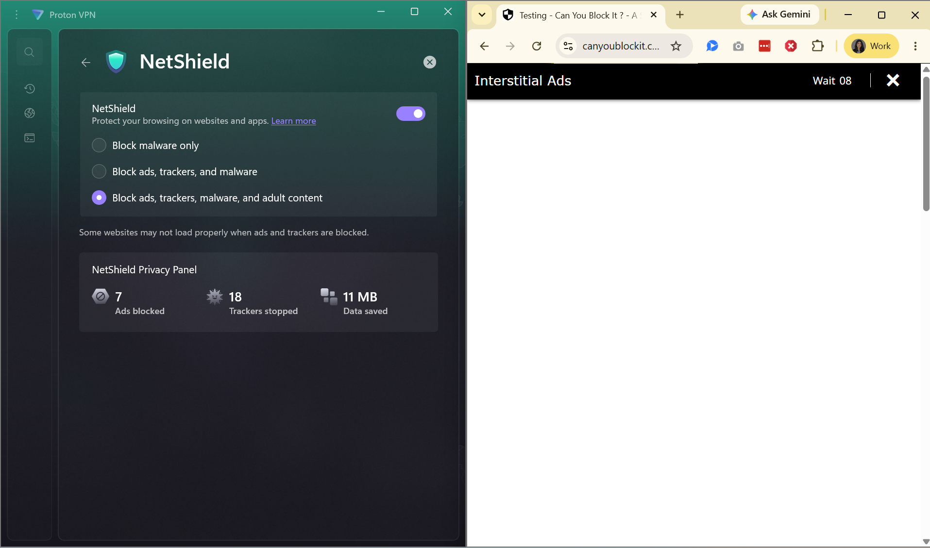 An interstial ad with the content blocked side-by-side with Proton VPN NetShield