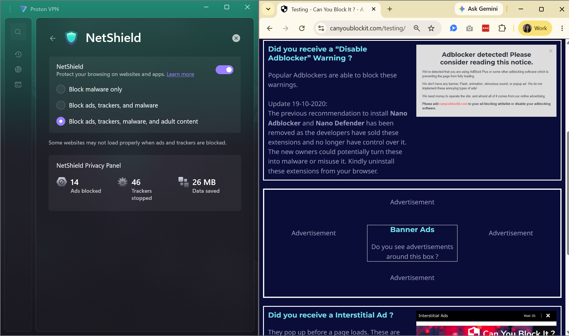 Proton VPN Netshield side-by-side with Can You Block It site (banner ads and ad blocker warning blocked)