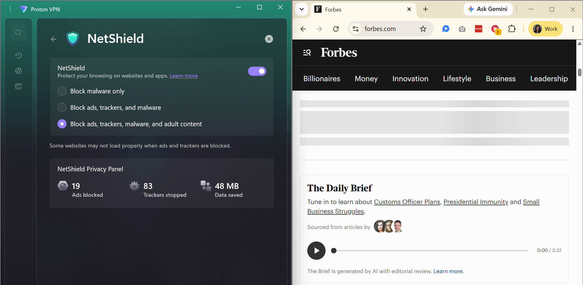 Forbes homepage side-by-side with Proton VPN NetShield tab