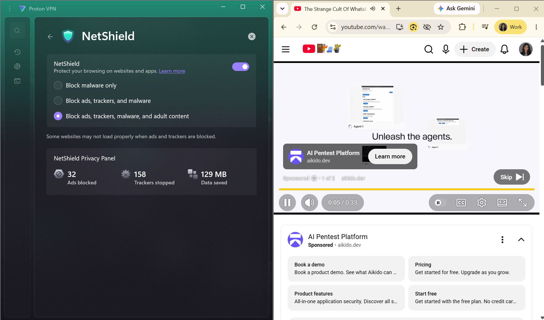 A YouTube ad side-by-side with Proton VPN NetShield 