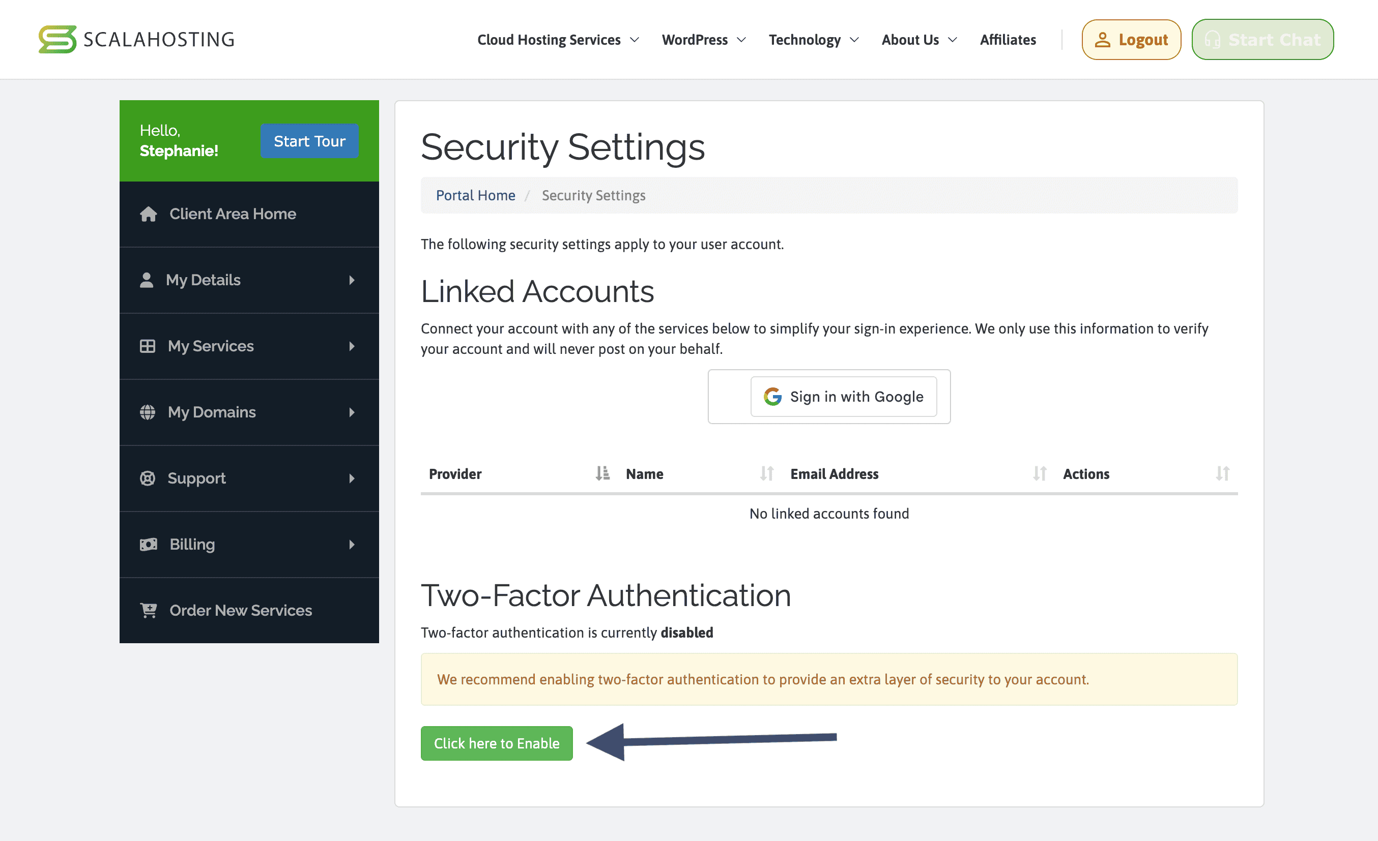ScalaHosting security settings pointing to button to enable 2fa